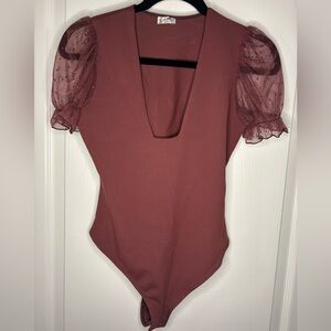 Free People Mauve Puff Sleeve Bodysuit